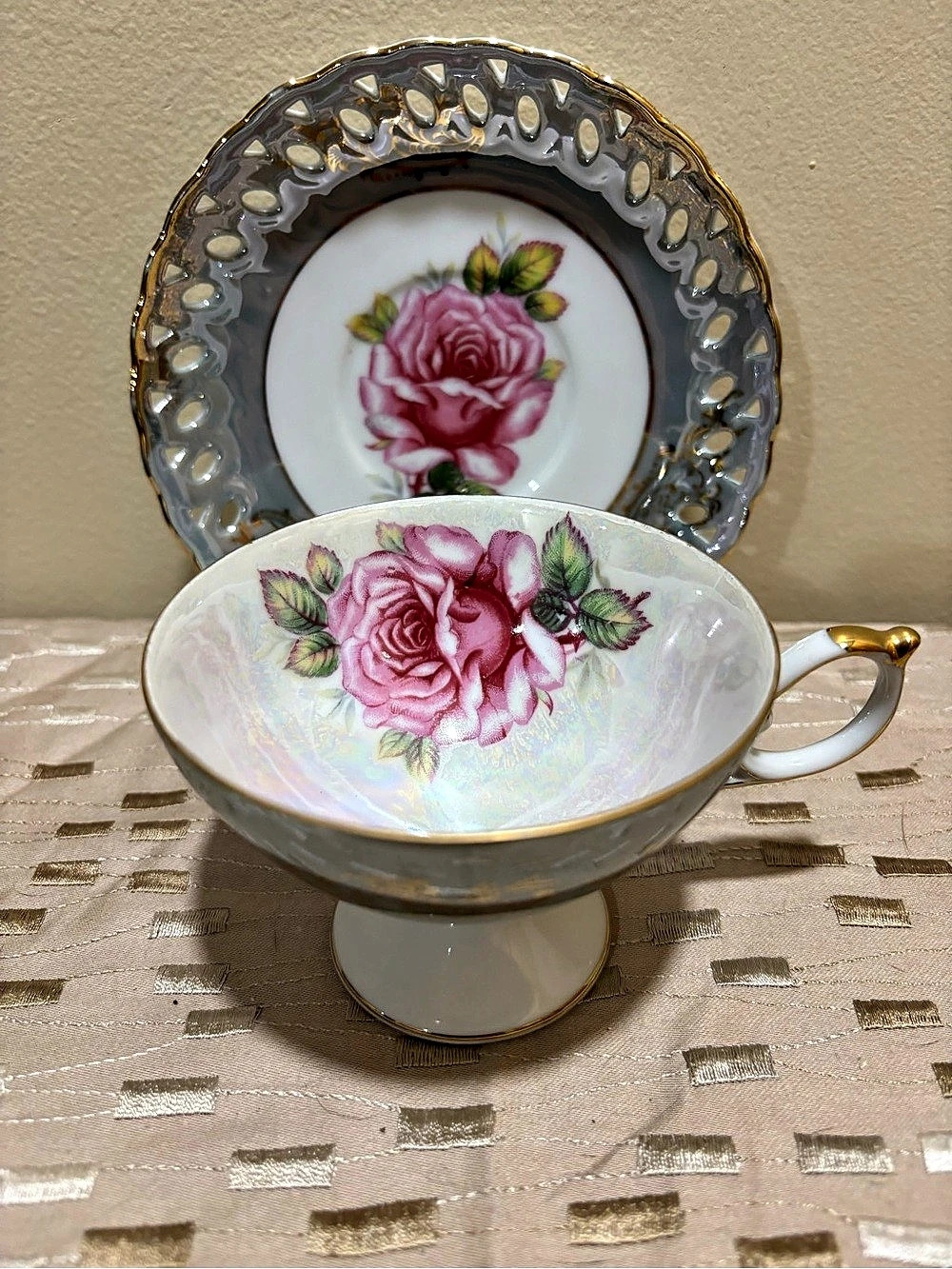 Royal Halsey Floral Teacup and Saucer in Grey irridescent & Pink